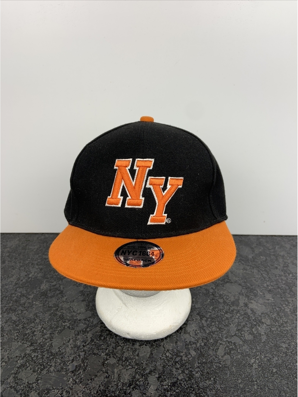 NYC 1664 NY Snapback Flat Bill Hat With Sticker Black & Orange MINT